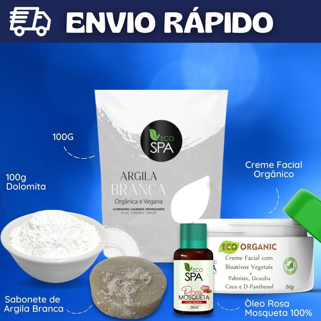 Kit Clareamento – Argila Branca + Rosa Mosqueta + Sabonete de Argila Branca + Creme Facial + Dolomit