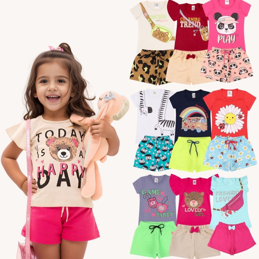 Kit Sortido 6 Peças de Roupas Infantil Menina 3 Camisetas + 3 Bermudas – Kit 3 Conjuntos Infantil Me