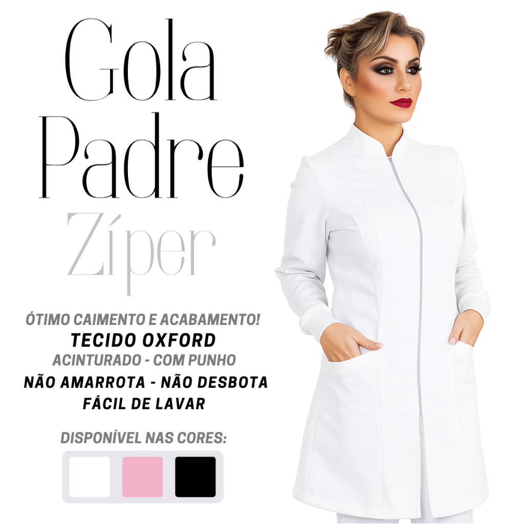 JALECO FLZ Feminino Acinturado Gola Padre Ziper Oxford Branco Preto Rosa avental saude manga longa