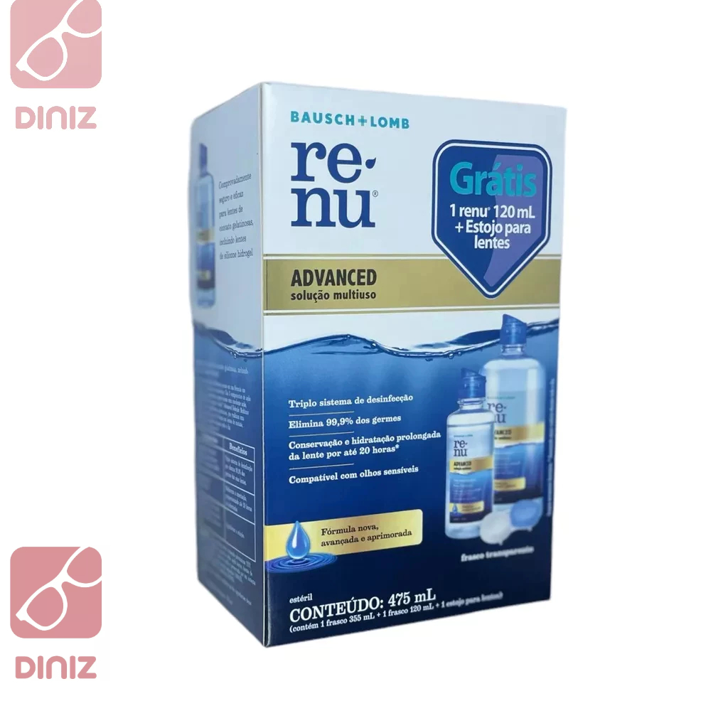 Kit Renu Advanced 475 ml (355 + 120 ml) + Estojo – Solução de Limpeza Multiuso para Lentes de Contat