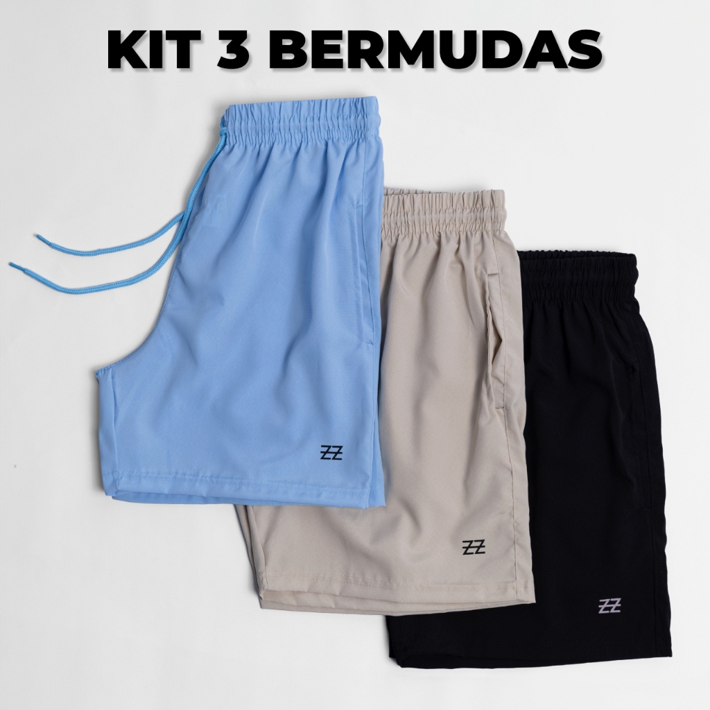 Kit 3 bermudas masculinas premium academia Luzzoo treino praia corrida shorts elástico tecido leve