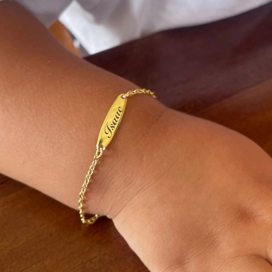 Pulseira Personalizado Recém Nascido Infantil Placa Gravação Nome Personalizado Banhado Ouro 18k