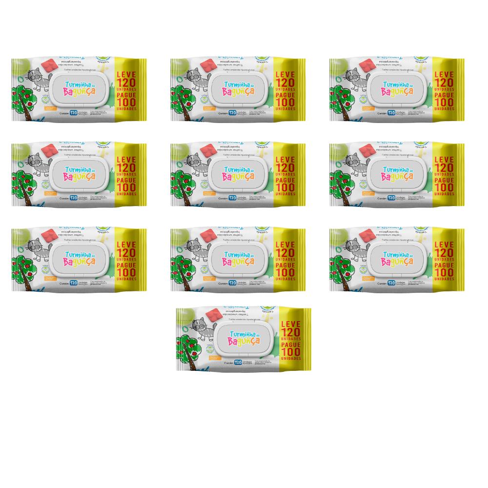 Kit 10 Pacotes Toalhas Umedecidas TURMINHA DA BAGUNÇA 120 Folhas 19×13 cm Com Tampa Flip Top