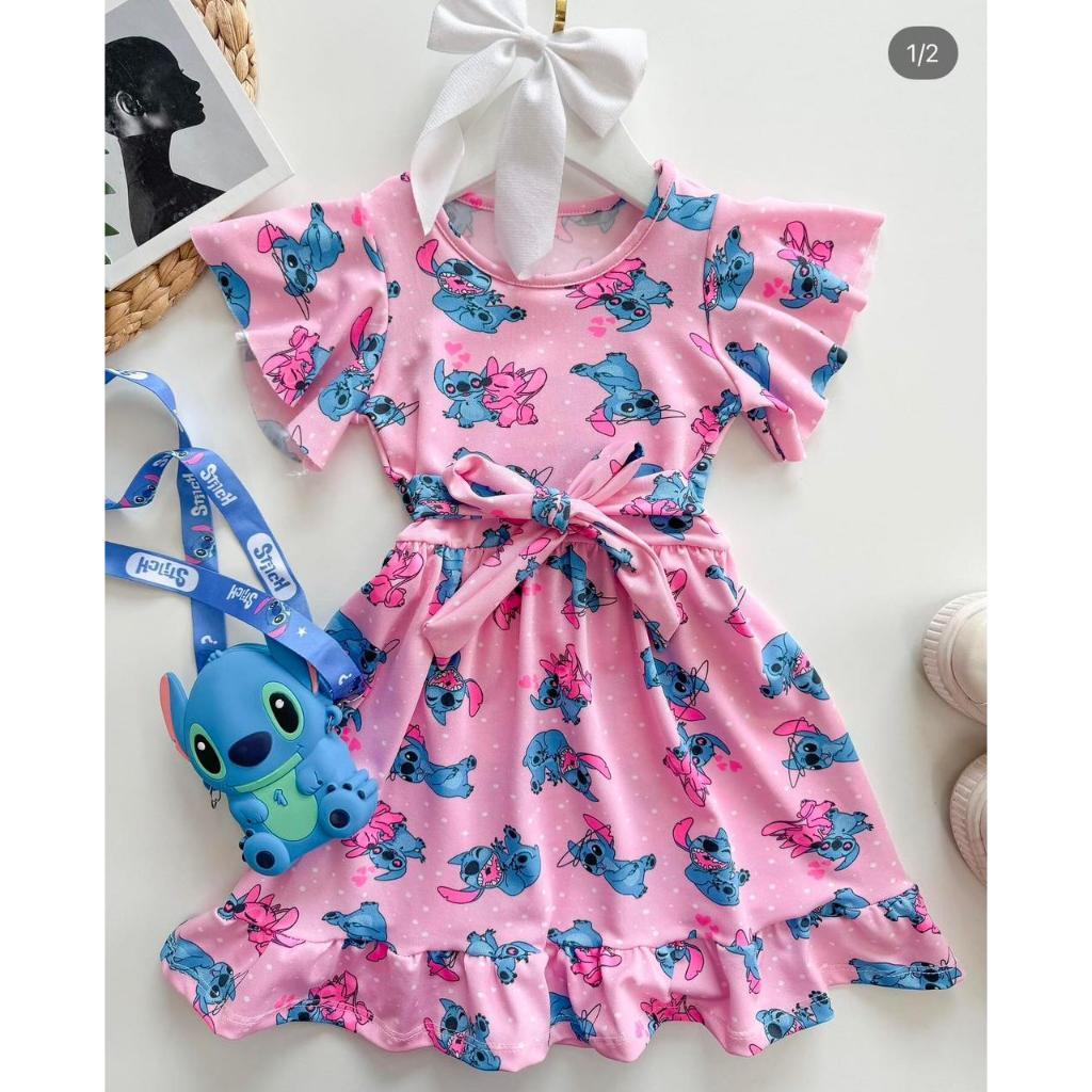 Vestido Infantil Stitch Fresquinho Blogueirinha Com Franzido 2 4 6 8
