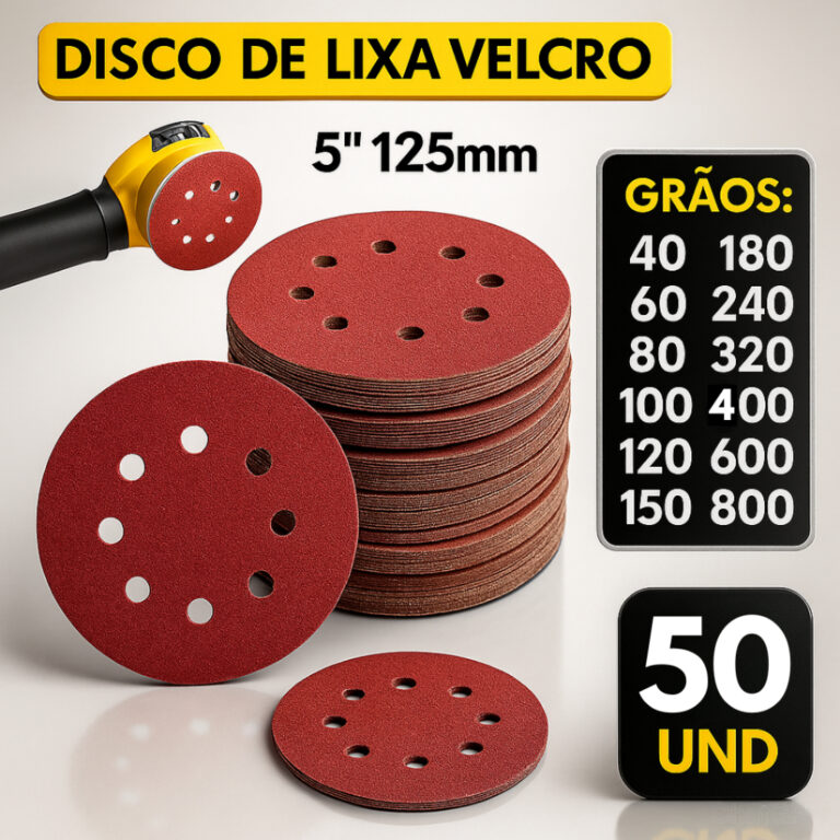 Kit 50 Disco Lixa com Velcro 125mm 8 Furos Rokit P