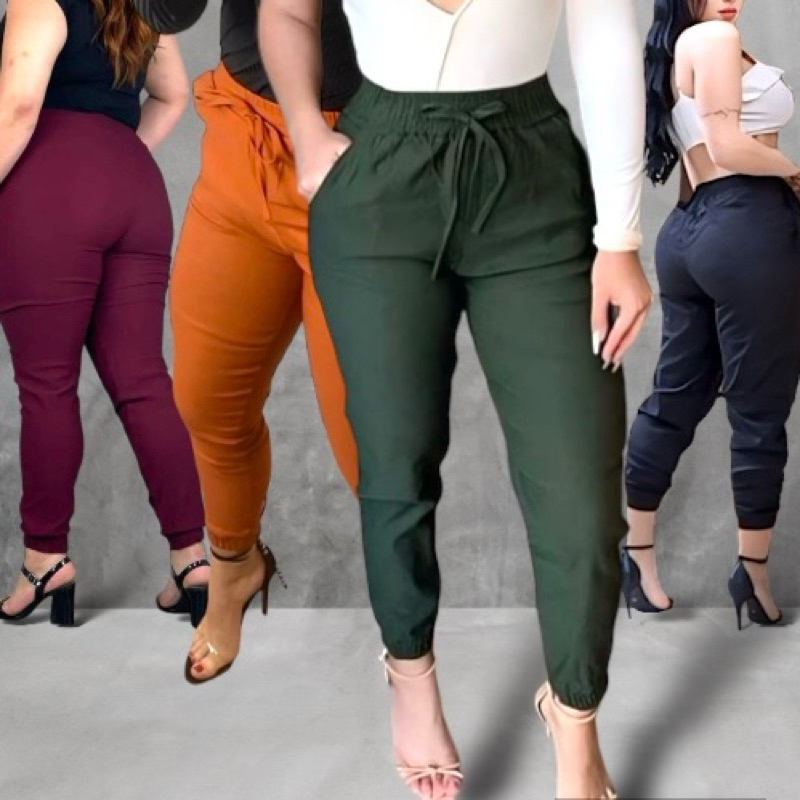 Calça Jogger Feminina P ao G3 Veste N52 Plus Size Bengaline Cintura Alta Básica Com Bolso Amarração