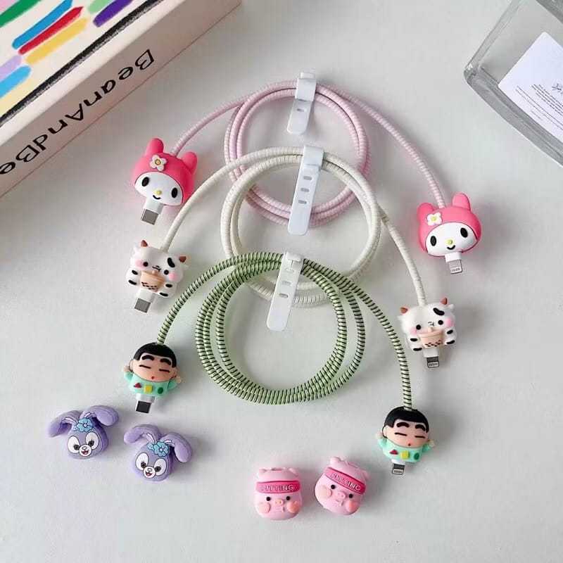 Protetor de Cabo USB Espiral Com 2 Protetores Pontas de Cabo Personagens
