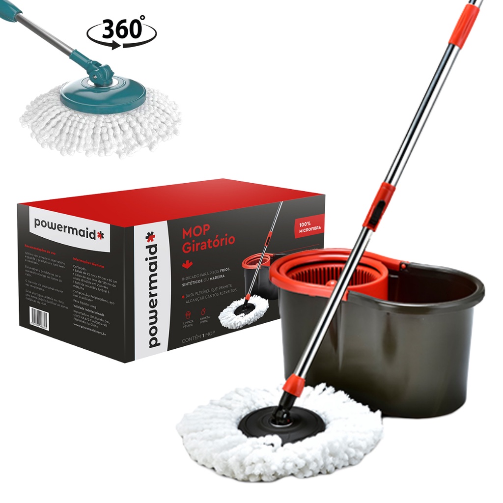 Mop Giratório Cabo Inox Limpeza Balde Esfregão 360 Spin Universal Original – Powermaid