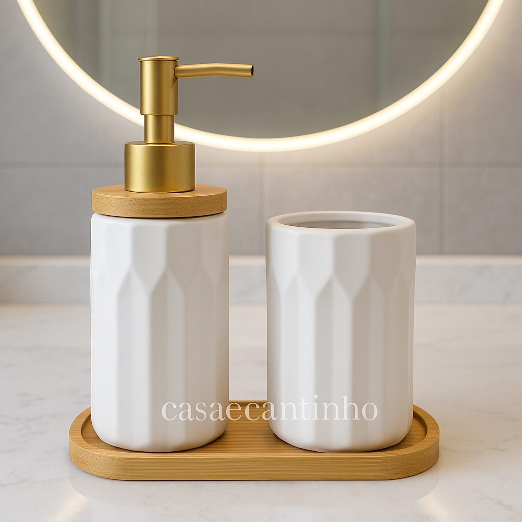 Kit Banheiro Lavabo Porta Sabonete liquido Dispenser Porta Escova Cerâmica/Porcelana Banheiro