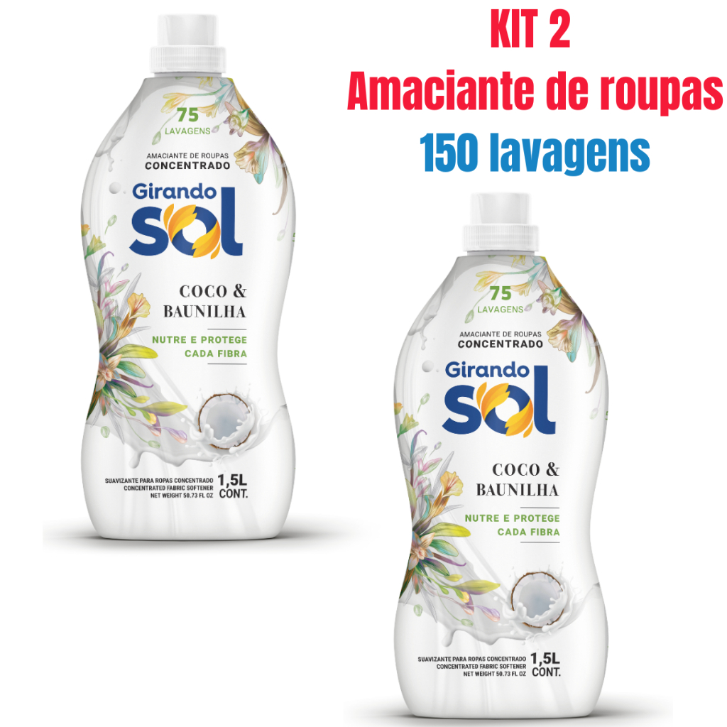 Kit 2 Amaciante Girando Sol Coco E Baunilha Concentrado 1,5L – Rende até 75 Lavagens Cada