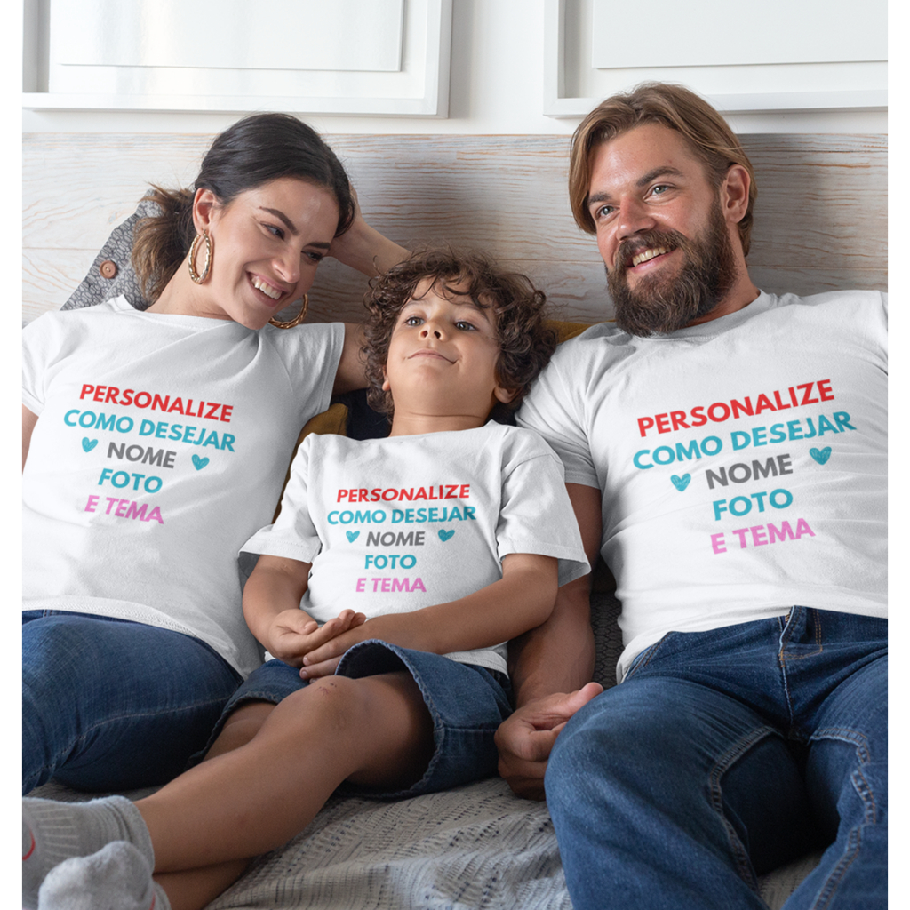 Kit família – camisas brancas personalizadas – arte de sua escolha