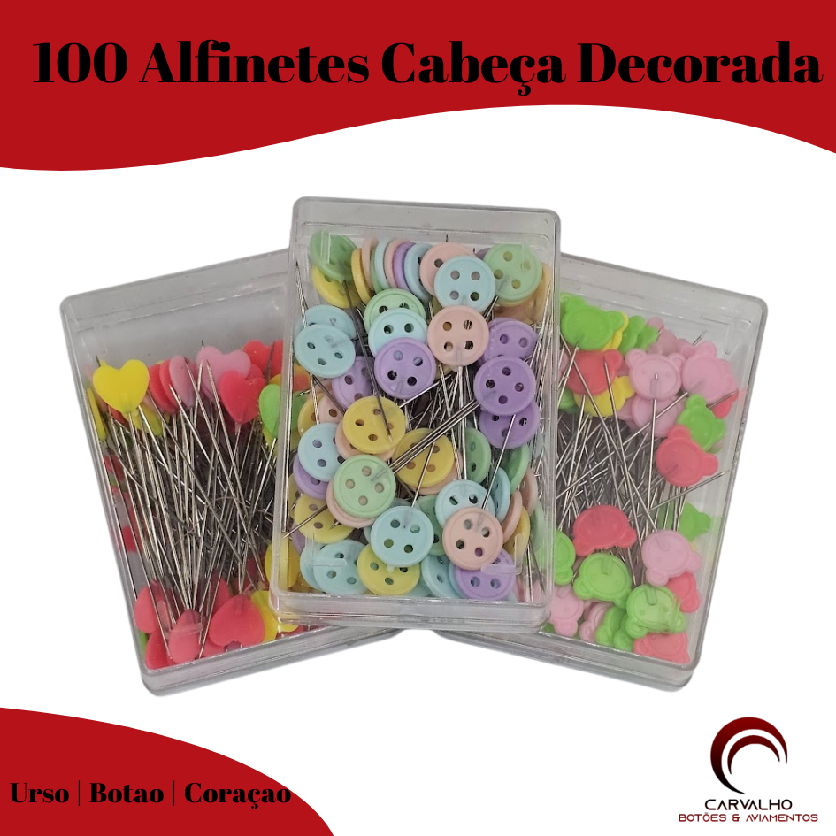 Alfinete Cabeça Decorada Colorida Com 100 Unidades