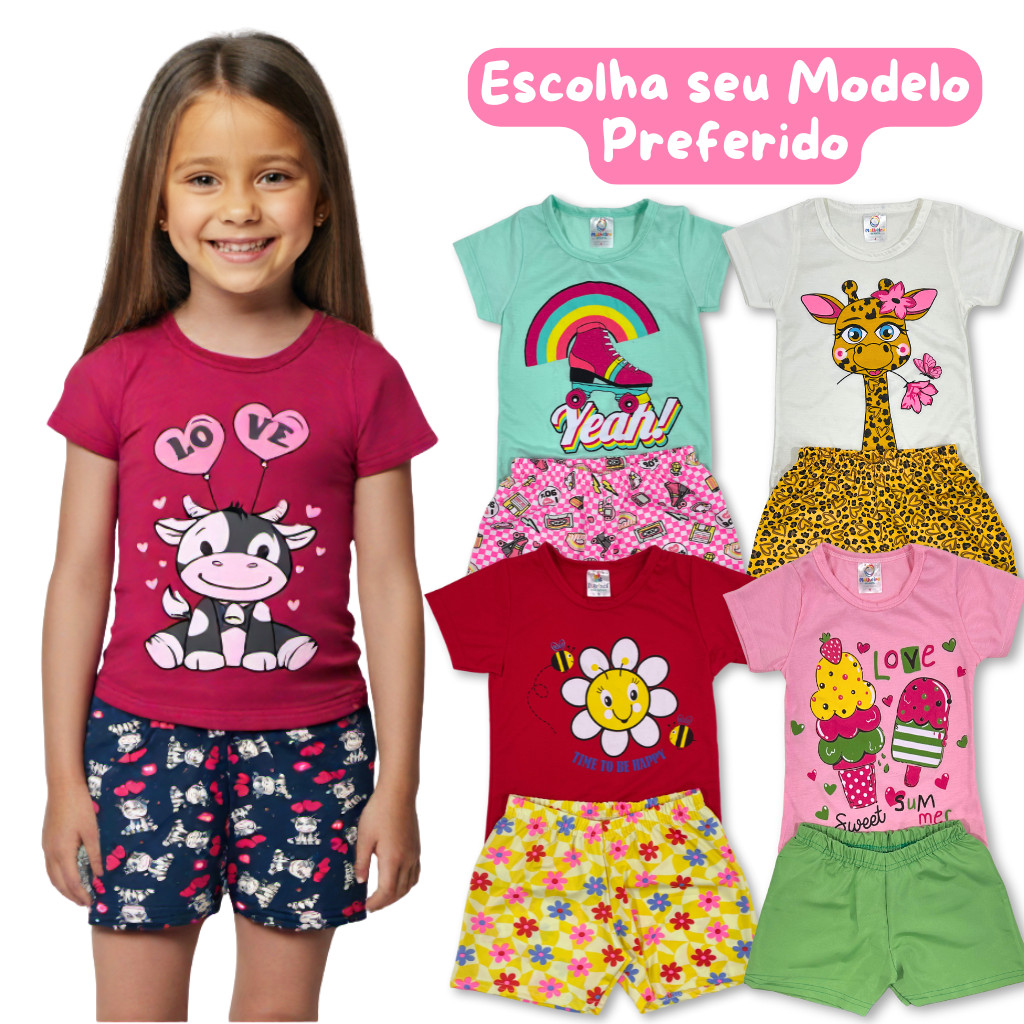 Conjunto Roupa Infantil Menina Verão Estampado Escolhido Avulso Camiseta + Shorts Leve e Confortável