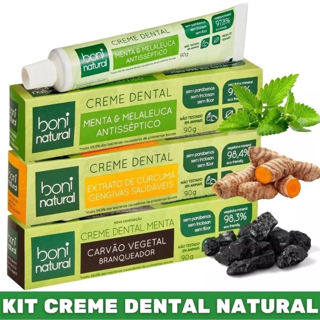 Kit 3 Creme Dental Boni Natural – Carvão, Cúrcuma, Melaleuca