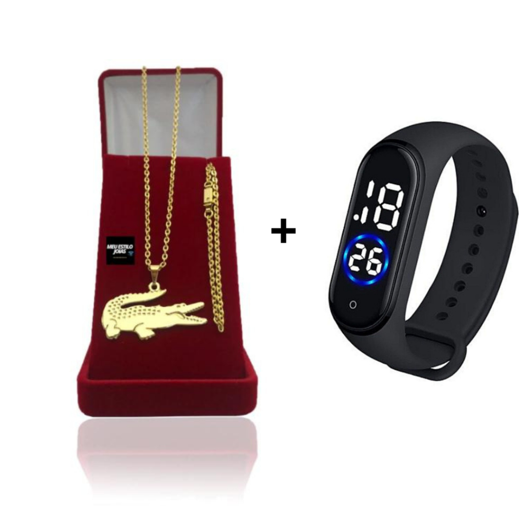 Corrente Masculina Infantil Cadeado Banhado Ouro 2mm Com Pulseira e Pingente + Relógio Digital Pro
