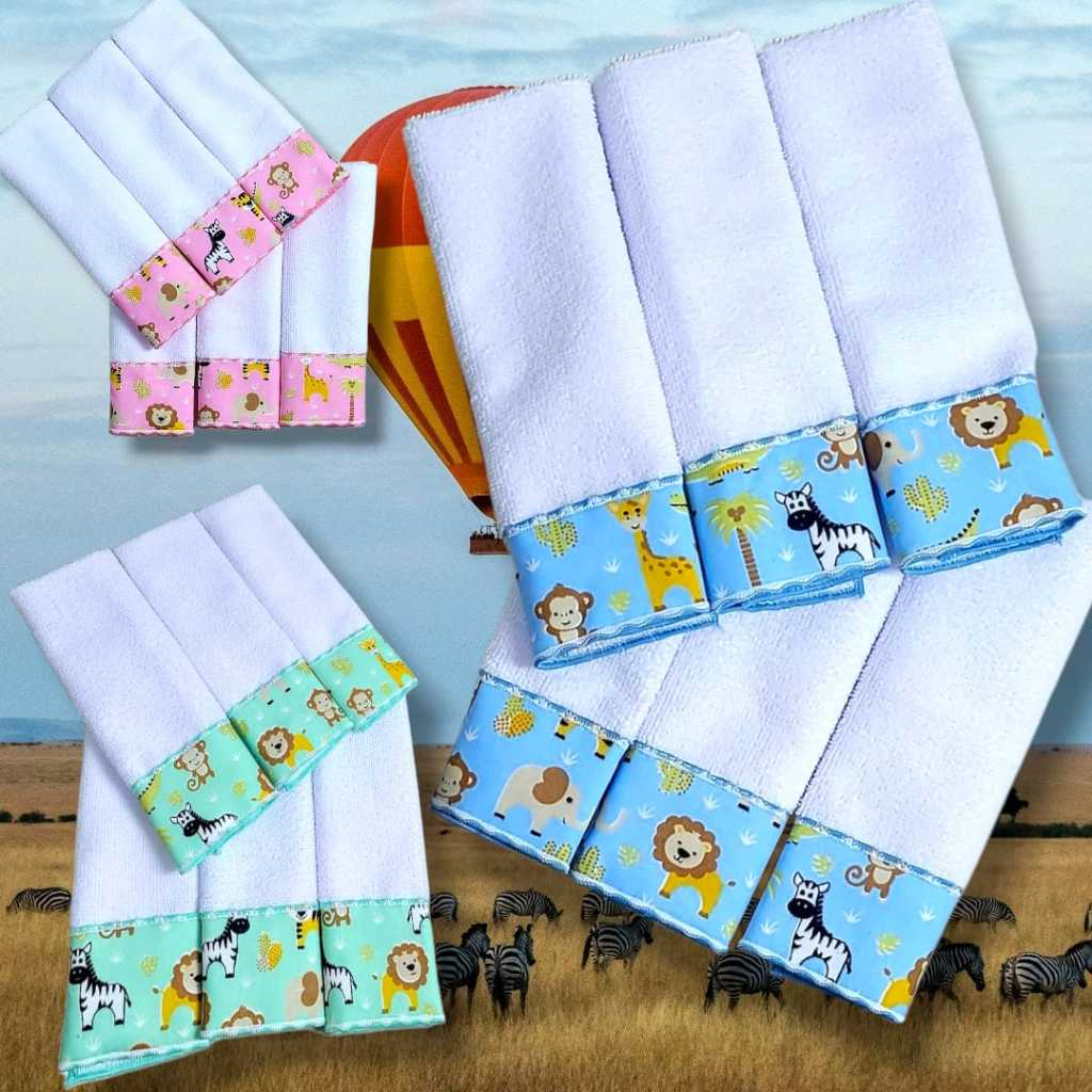 Kit Toalha Ombro ou Boca Babete 06 Unidades Overlocado e Tecido Com Estampas Variadas Toalhas Colori