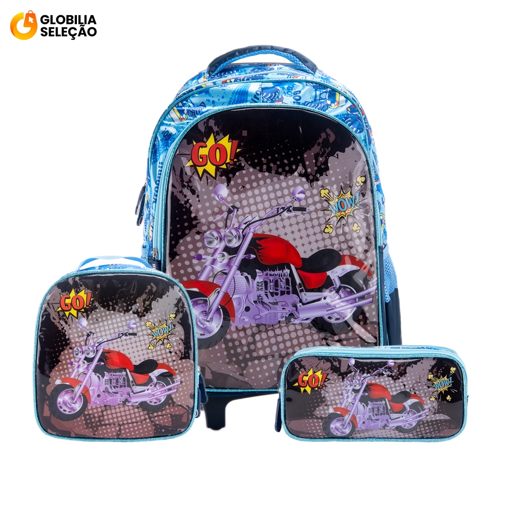 Kit Mochila Escolar Infantil de Rodinhas Menino Bolsa Resistente Impermeável Com Lancheira e Estojo