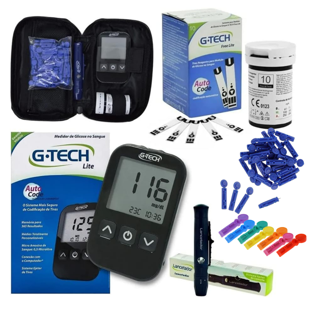 Kit  Glicosimetro Completo Aparelho Glicose Medidor de Glicemia Diabetes G-Tech Lite +110 Agulhas l