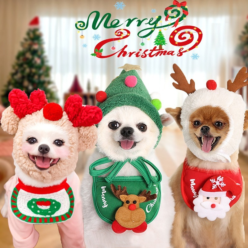 Desenho Animado Chapéu De Natal Cachorro Boné De Ano Novo Babete Gato Lenço Decoração Roupa Acessóri