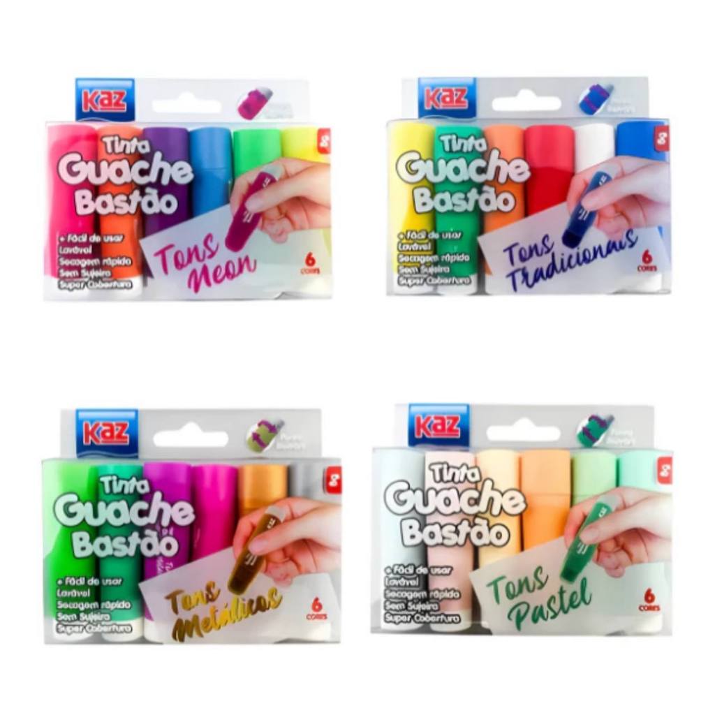 Tinta Guache em Bastão 6 Cores Escolar – 4 Tons Diferentes KAZ