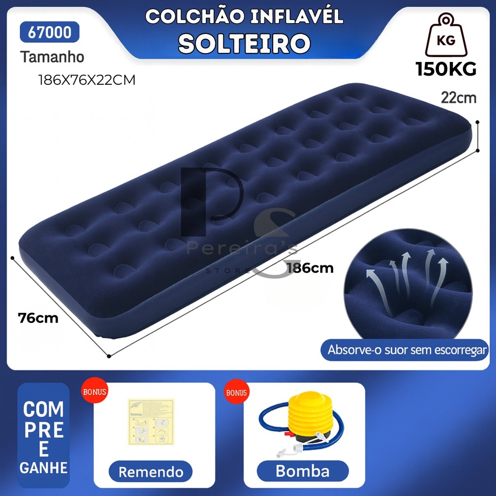 Colchão Inflável Solteiro Suporta até 100KG Resistente Aveludado Portátil+ Bomba de Ar Inclusa Campi