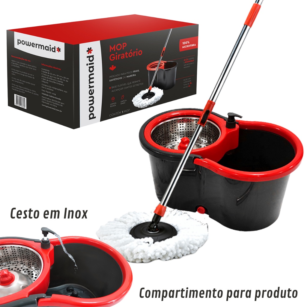 Mop Giratório 360 com Balde e Cesto Inox Powermaid Original para Limpeza