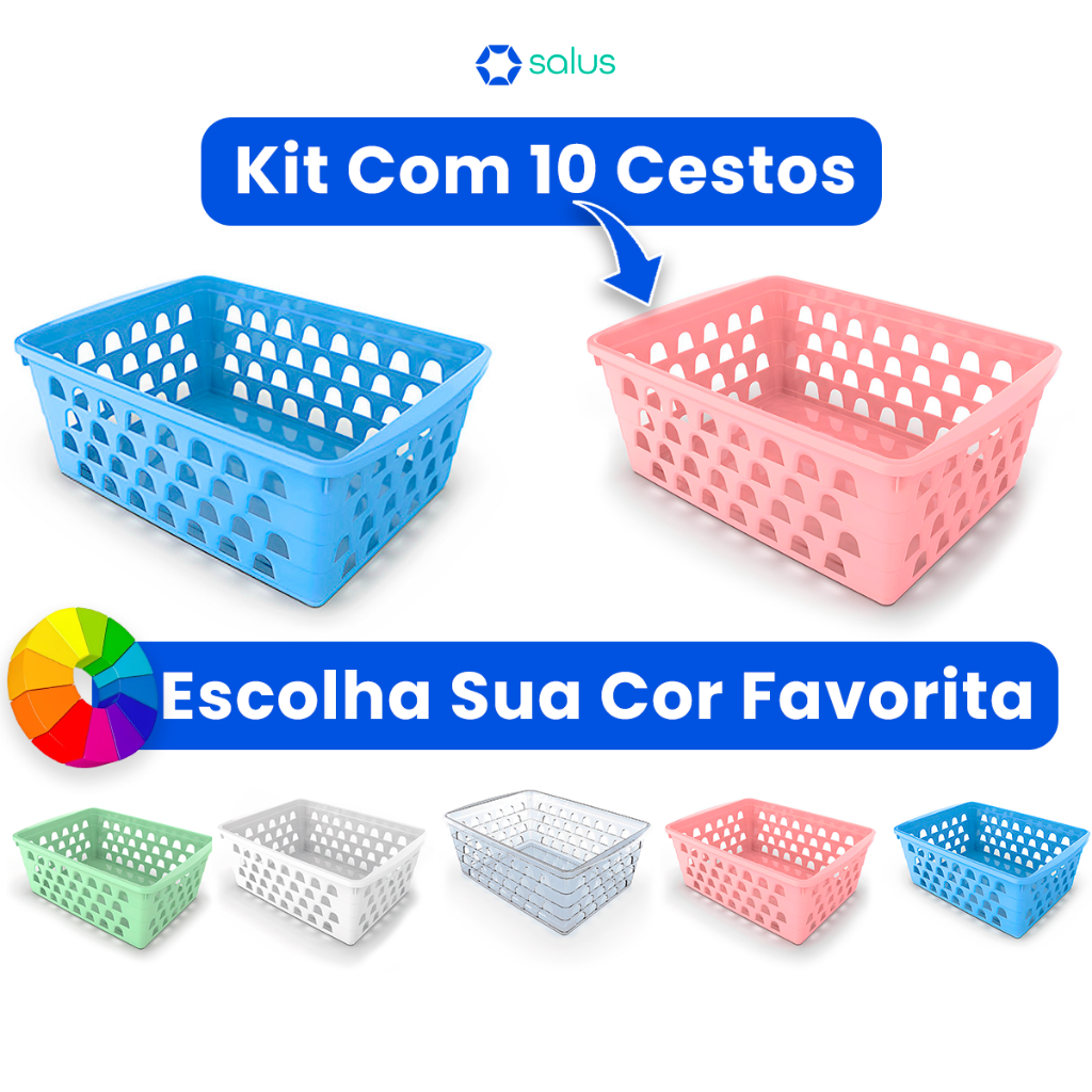 Kit 10 Cestos Organizadores Multiuso Diversas Cores 16x12x6Cm