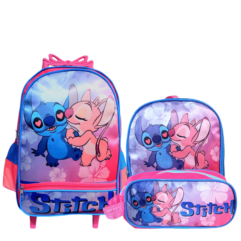 Kit Mochila Escolar + Lancheira + Estojo Com Rodinha Grande Stitch Rosa Namorados