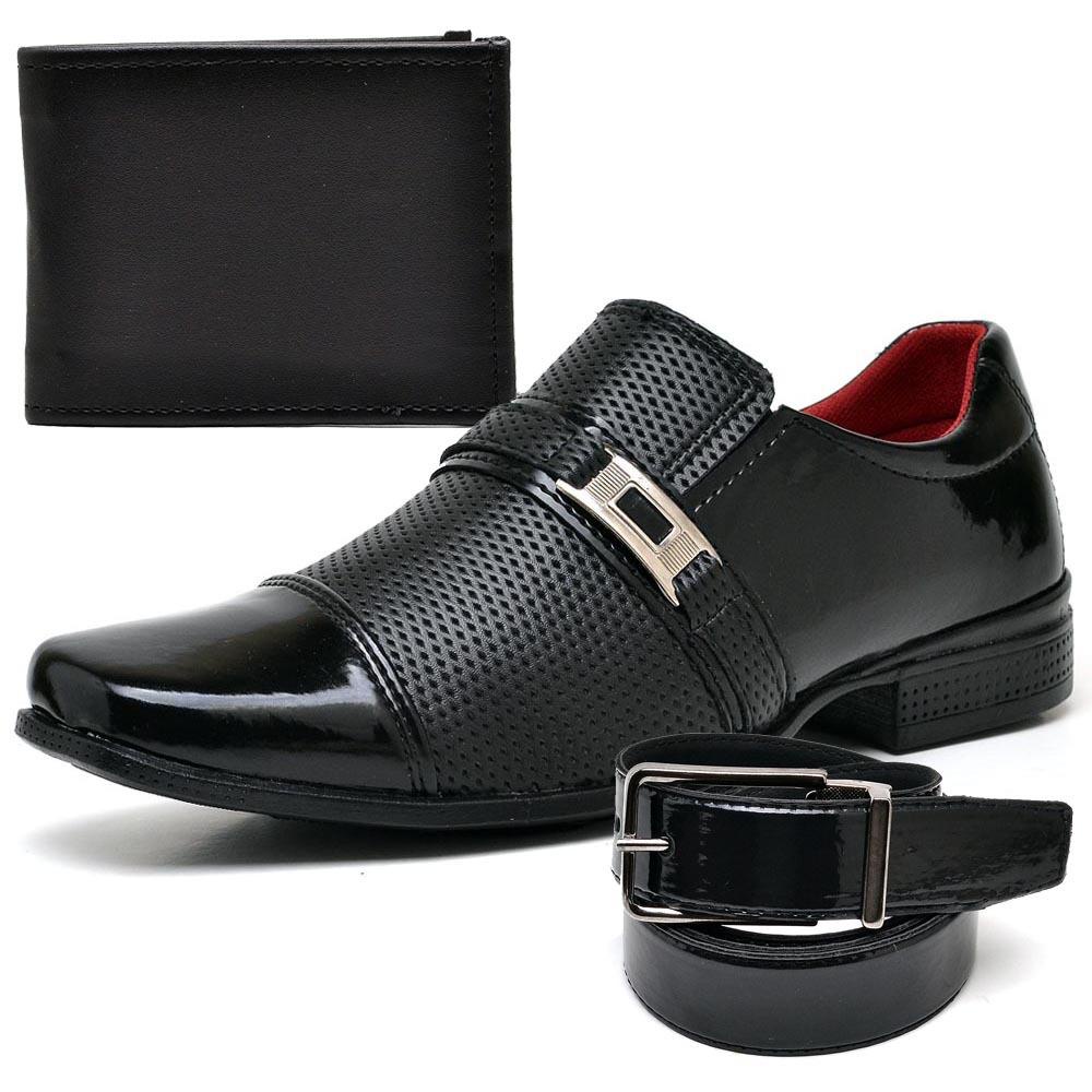 Sapato Social Masculino Preto Verniz Brilhante Kit com Cinto e Carteira de Brinde