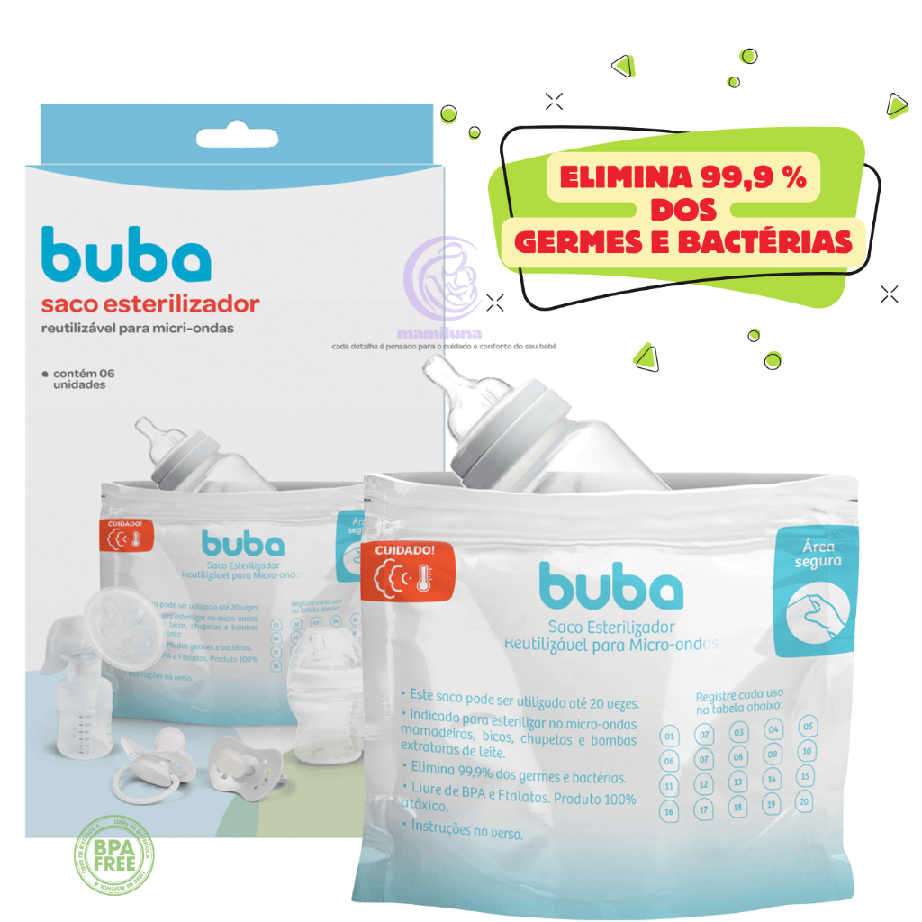 Kit Sacos Esterilizador p mamadeira chupeta extratora Reutilizável Microondas BUBA – Elimina germes