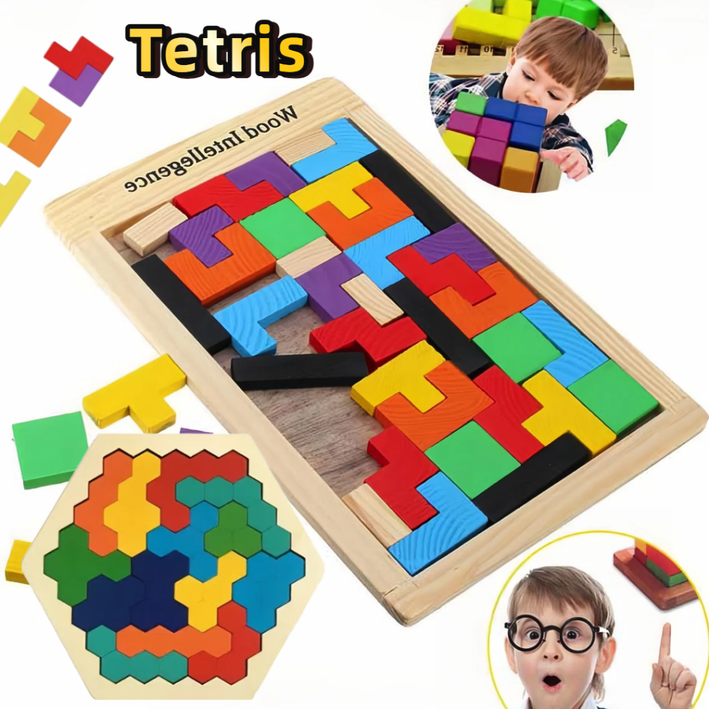 MEDOOSI 3 em 1 Tetris Brinquedo Quebra Cabeça de Madeira 3D Colorido/Jogo Tangram Montessori Educati