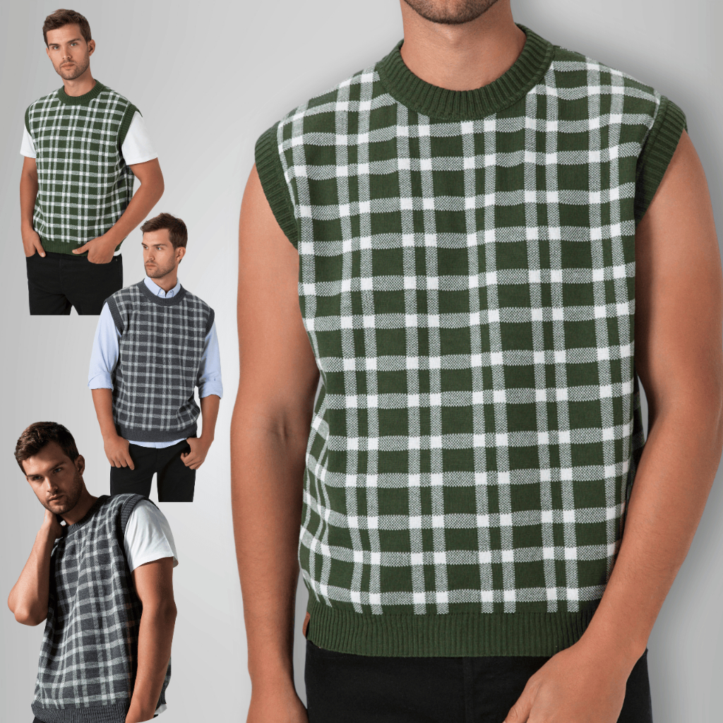 Colete Masculino Tricô Xadrez Moderno Sem Mangas Casual Elegante Outono Inverno