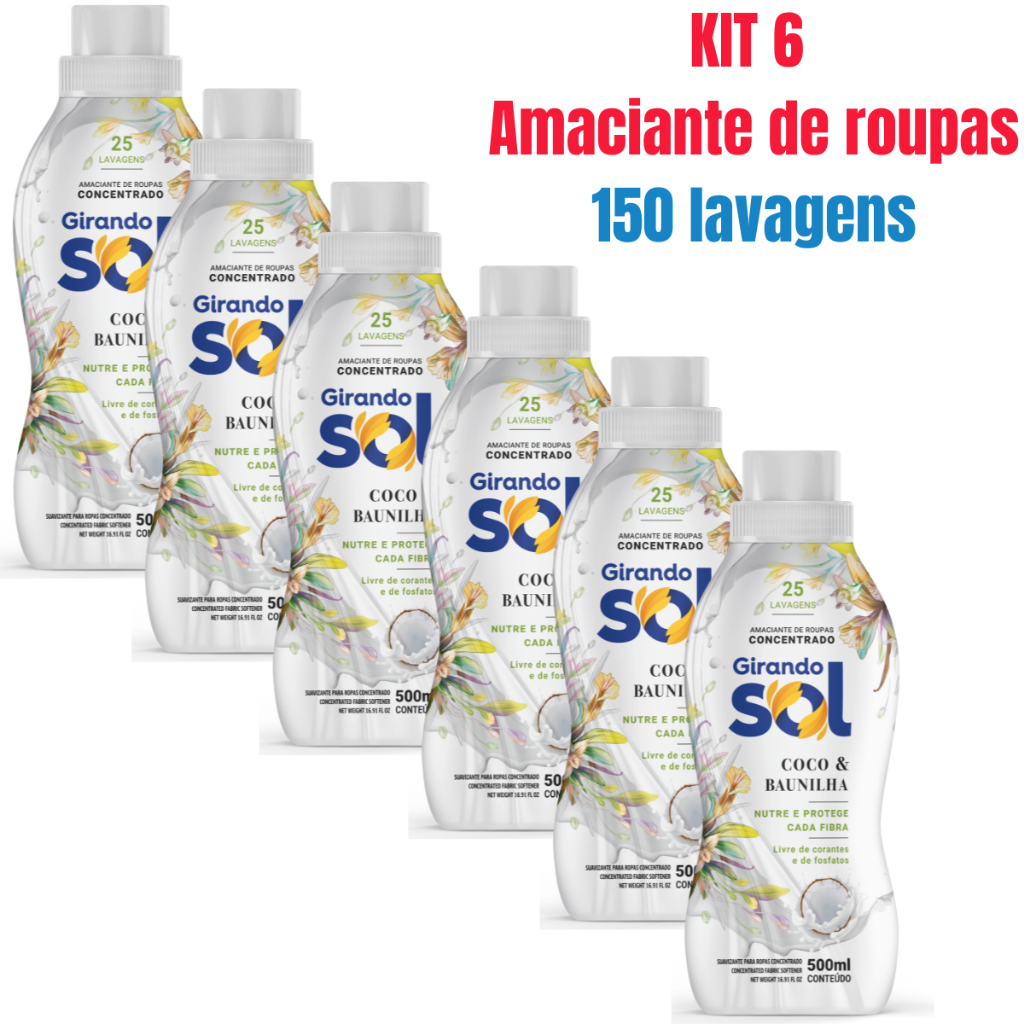 Kit 6 Amaciante Girando Sol Coco E Baunilha Concentrado 500ml – Rende até 25 Lavagens Cada