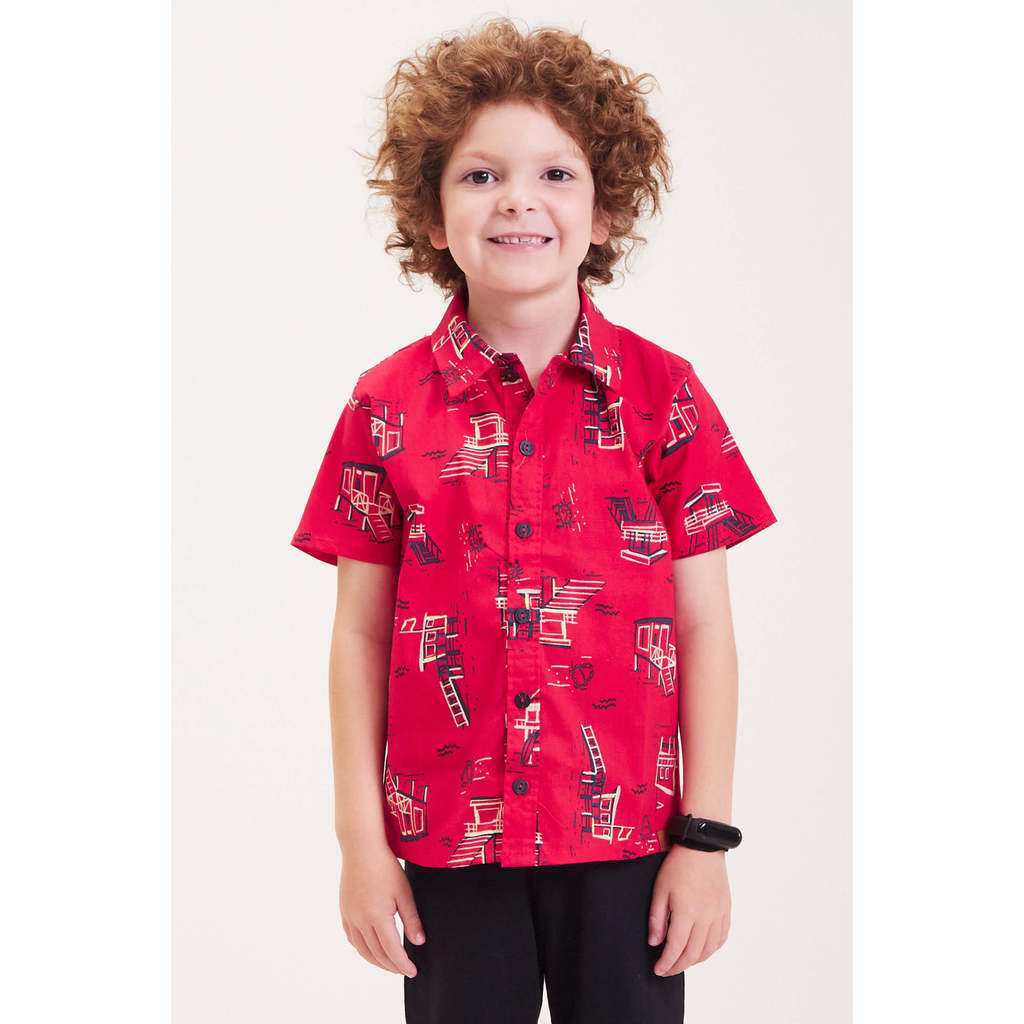 Camisa Infantil Menino Praia Estampada Elian Vermelha