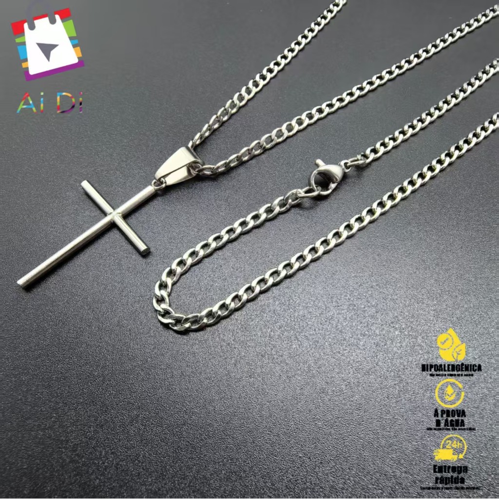 Joia Completa: Colar e Pulseira com Corrente de Prata e Pingente de Cruz Dourado em Aço Inox