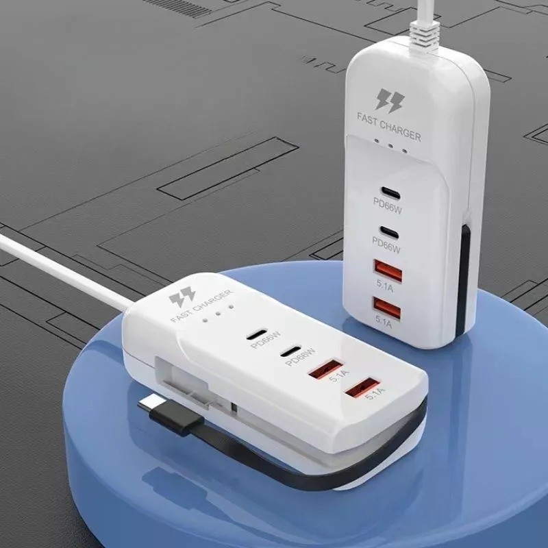 Carregador Multifuncional de 4 Portas 2 USB e 2 PD com Cabo de Extensão 1m e Tipo C – BINGO