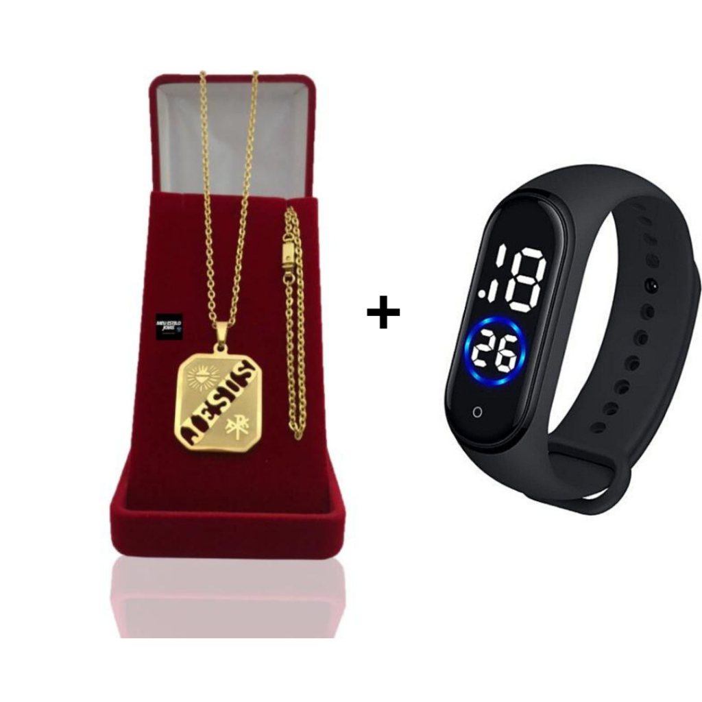 Corrente Masculina Infantil Cadeado Banhado Ouro 2mm Com Pulseira e Pingente Escrita Jesus Quadrado