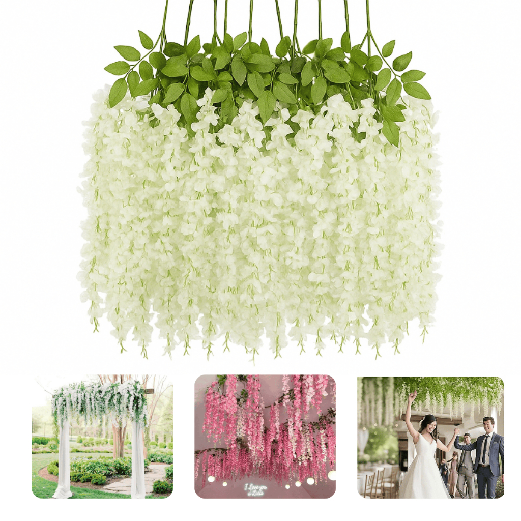 Kit com 3/6/12 Ramos Flor Cerejeira Artificial Grande Pendente Corrente Galhos Decoração Rosa Branco