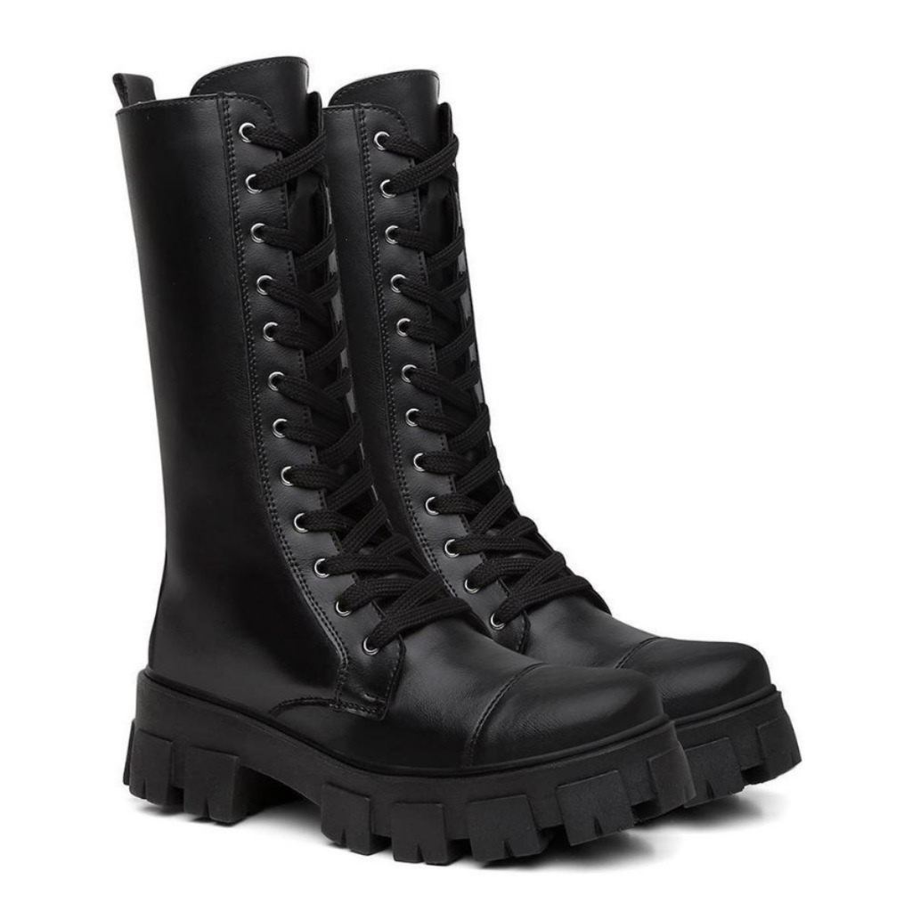 Bota Coturno Feminino Tratorado Cano Longo Alto Blogueira Militar