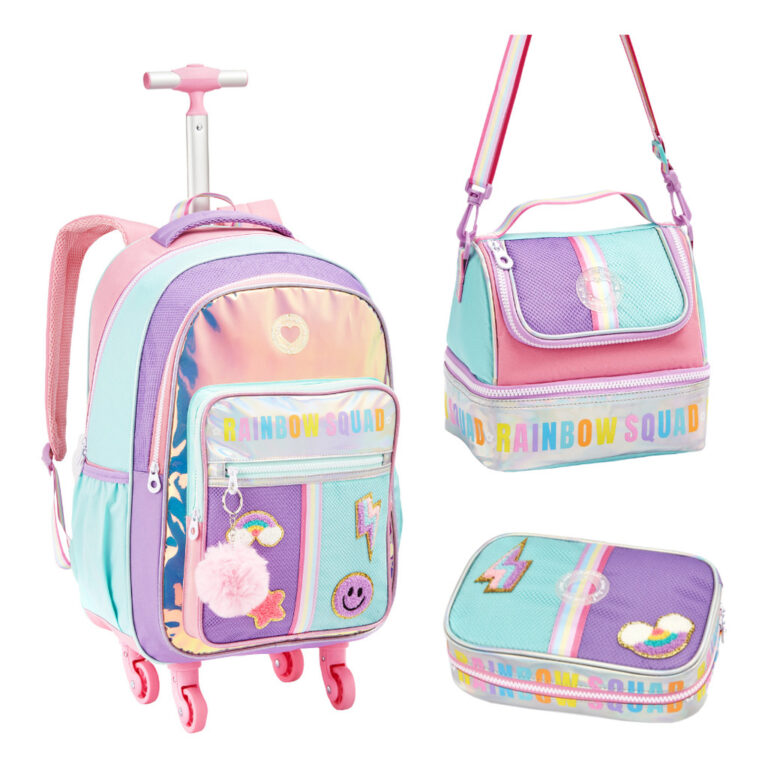 Kit Juvenil Mochila Escolar Feminina com 4 Rodas, 