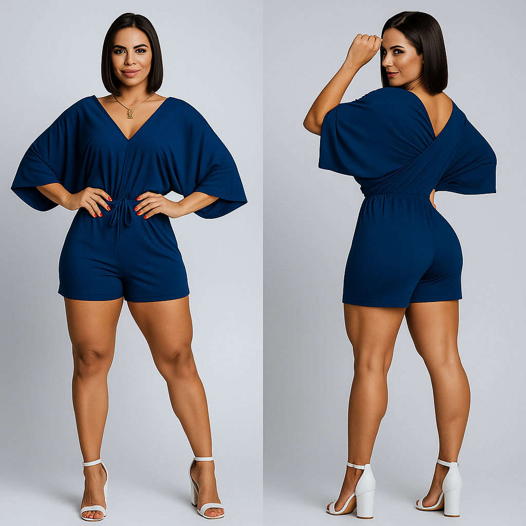 Macaquinho Envio Rápido mais vendidos midi casual Manga Flare Gola V Moda  Plus size Feminina serve