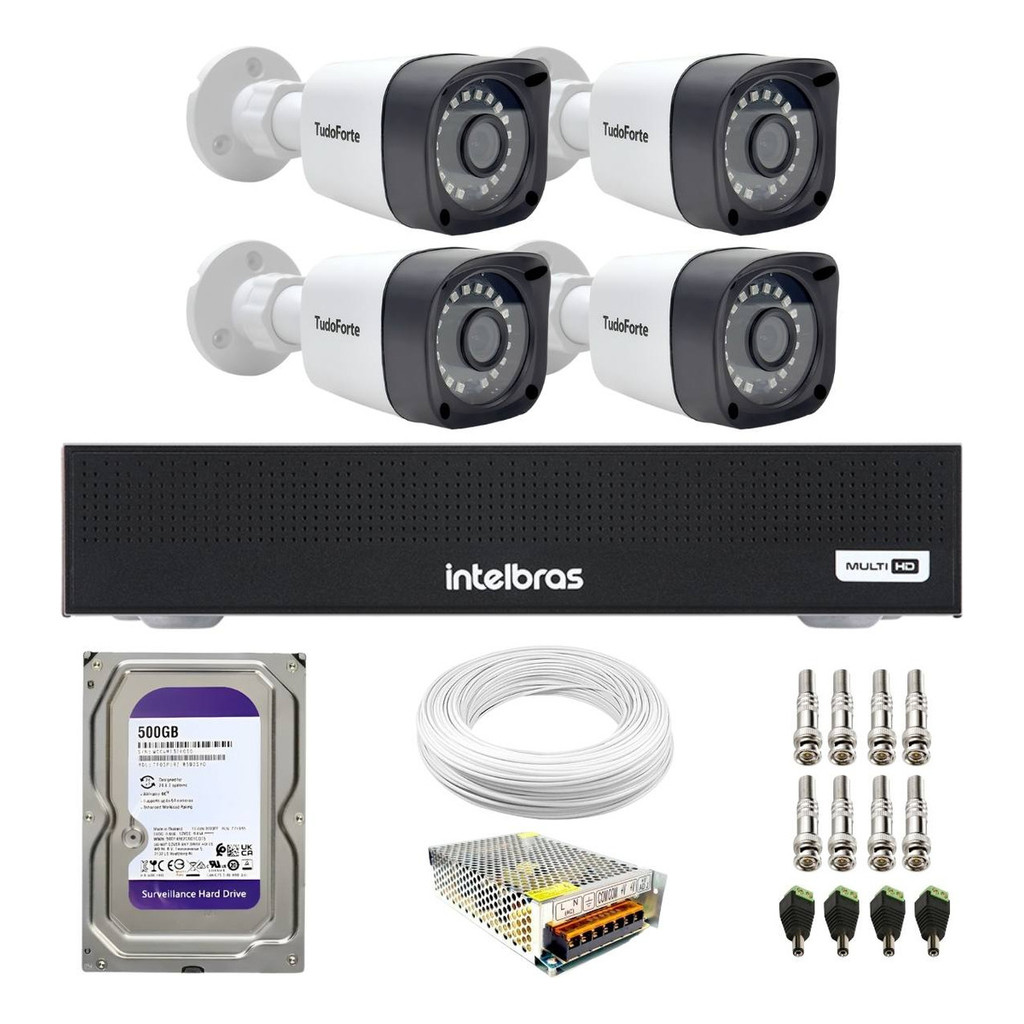 Kit 4 Câmeras Segurança Full HD DVR Intelbras 4 Canais Com HD Completo