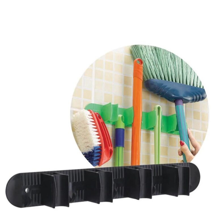 PORTA VASSOURAS C/ 4 ENCAIXES E GANCHOS PRETO