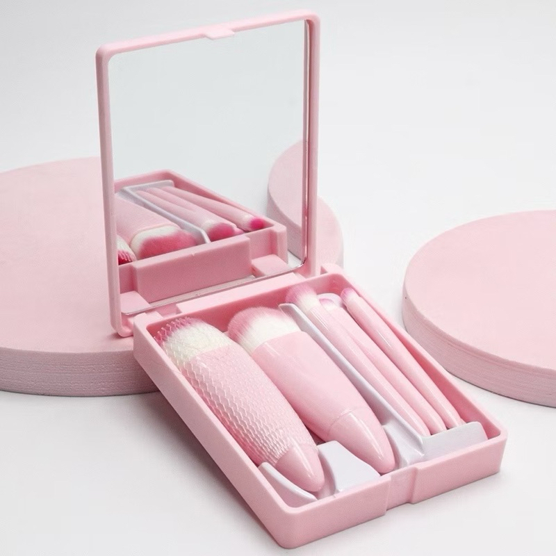 10 conjuntos -Novos Mini Espelho De Maquiagem Portátil Com 5 Pcs Pincéis De Maquiagem Lupa Mão Segur