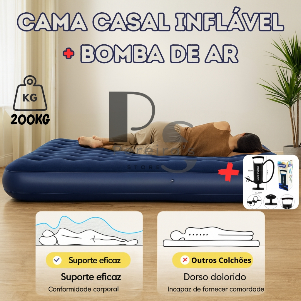 Colchão Inflável de Casal SUPORTA 160KG Resistente Aveludado Portátil Com Inflador de Ar Incluso Cam