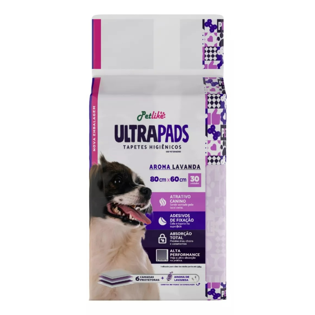 TAPETE HIGIÊNICO ULTRA PADS P/CACHORROS PET FRAGRÂNCIA LAVANDA 80X60 COM 30 UNIDADES