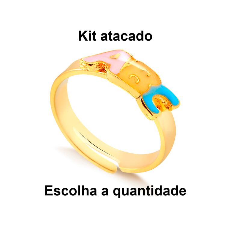 Kit Anel ABC Infantil Banhado a Ouro 18K Com Pinge