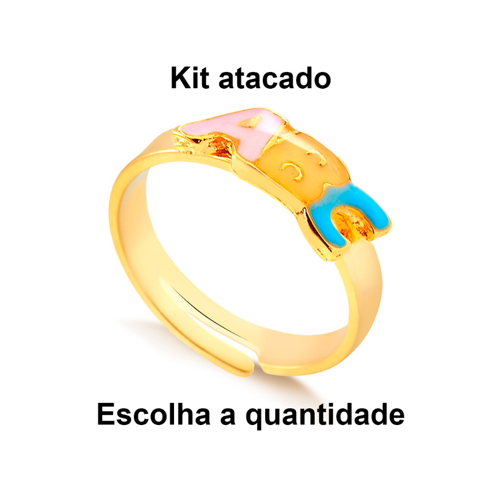 Kit Anel ABC Infantil Banhado a Ouro 18K Com Pingente em Resina