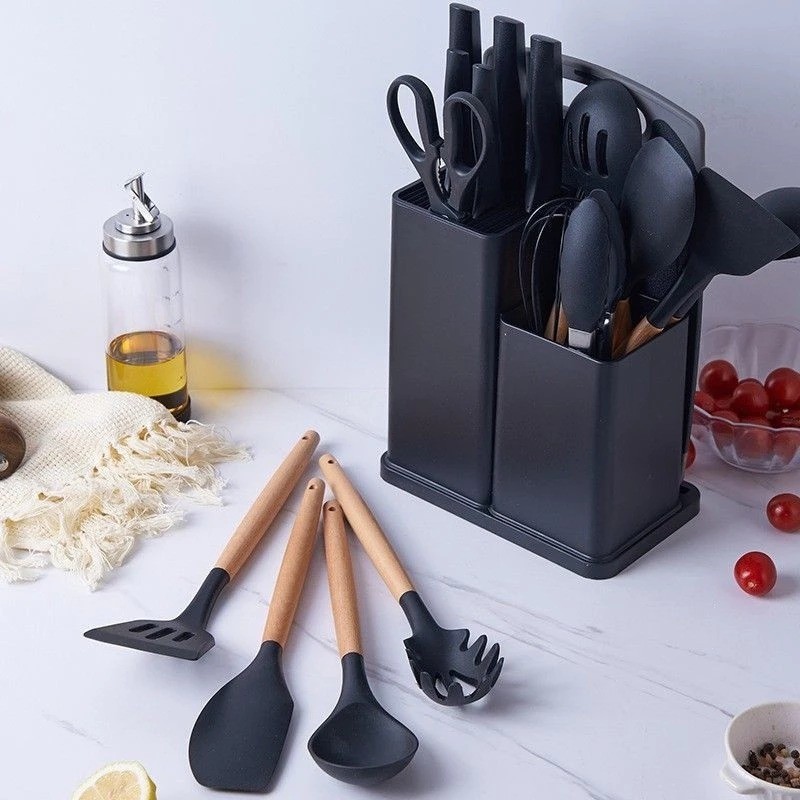 Kit Completo Jogo Utensílios de Cozinha Luxo 19 Peças Com Tábua em Silicone Espátula Faca Tesoura no