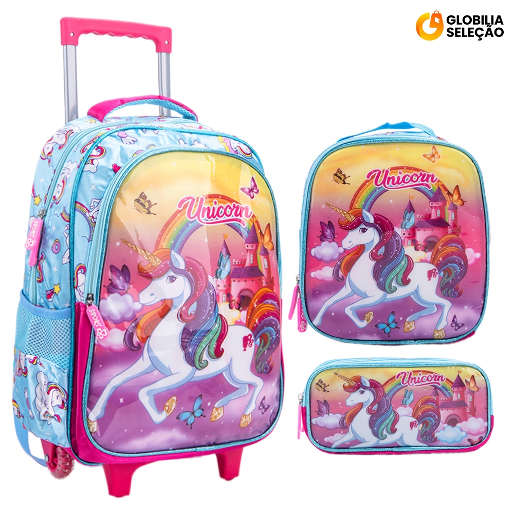 Kit Mochila Escolar Infantil de Rodinhas Menina Menino Bolsa Resistente Impermeável Com Lancheira e